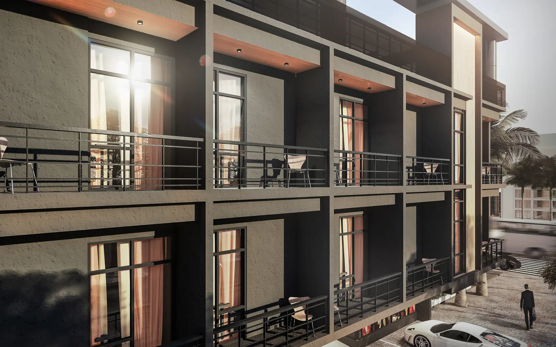 Small apartment building with open balconies.