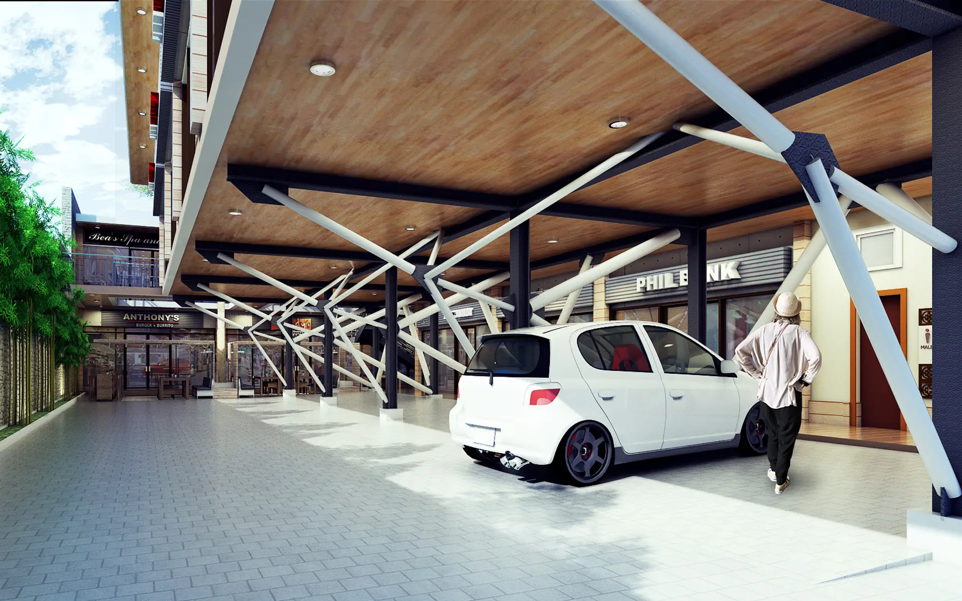 Brace frames define the character of the open-air community mall.