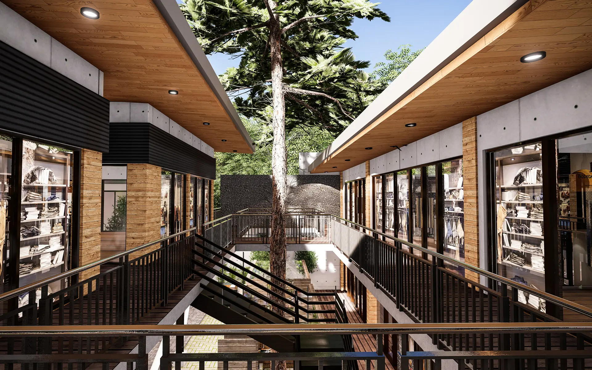 Open to sky courtyard with vertical access to shops at second floor.