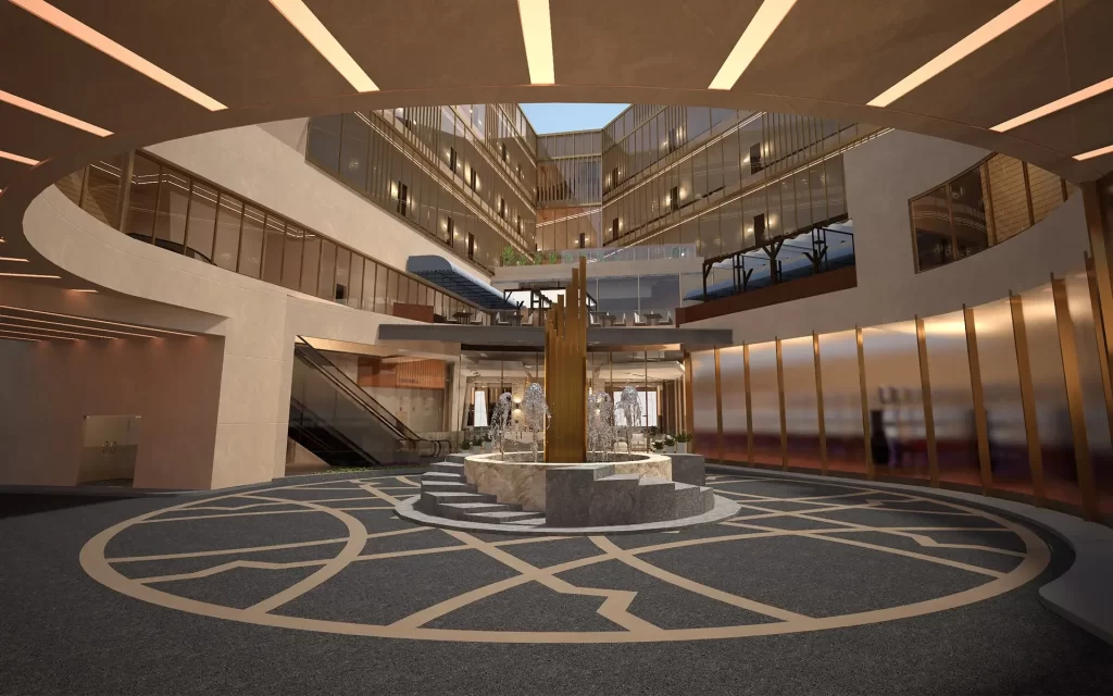 Hotel roundabout entrance with circular  open to sky Atrium.