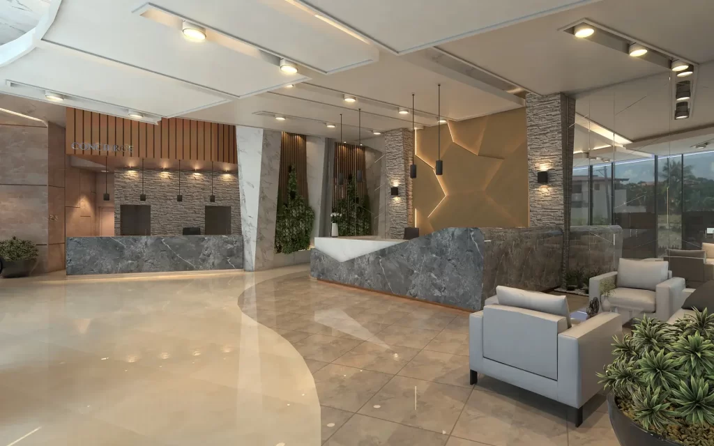 The proposed design of the Anthurium hotel lobby and lounges.