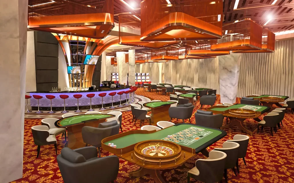 Hotel casino gaming machines and table amenities.