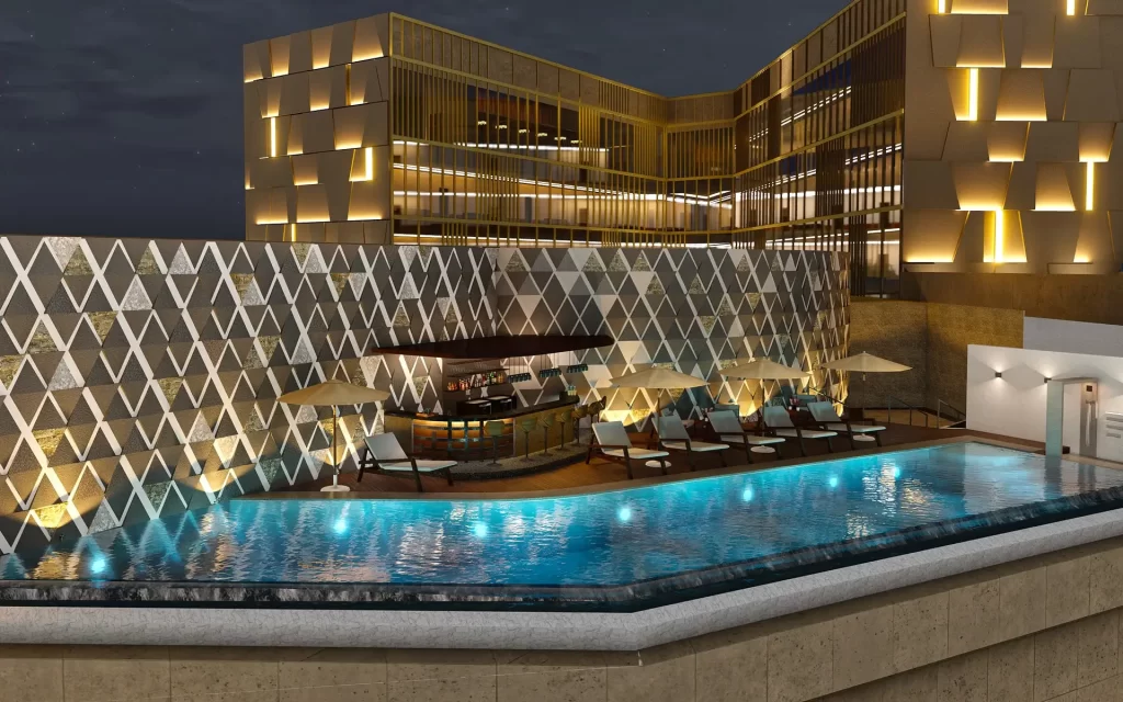 Open to sky amenities with swimming pool and bar lounge.