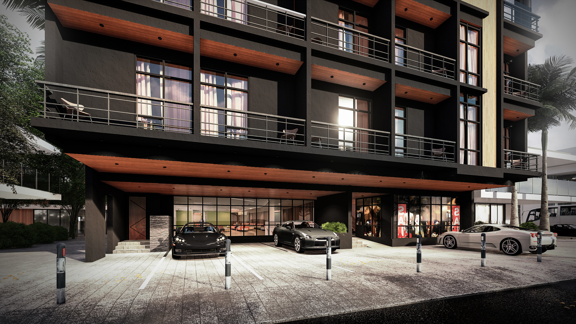 Office and commercial shops at ground floor with parking slots