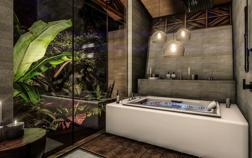 Spacious and luxurious bathroom with a relaxing view of privately enclosed gardens.