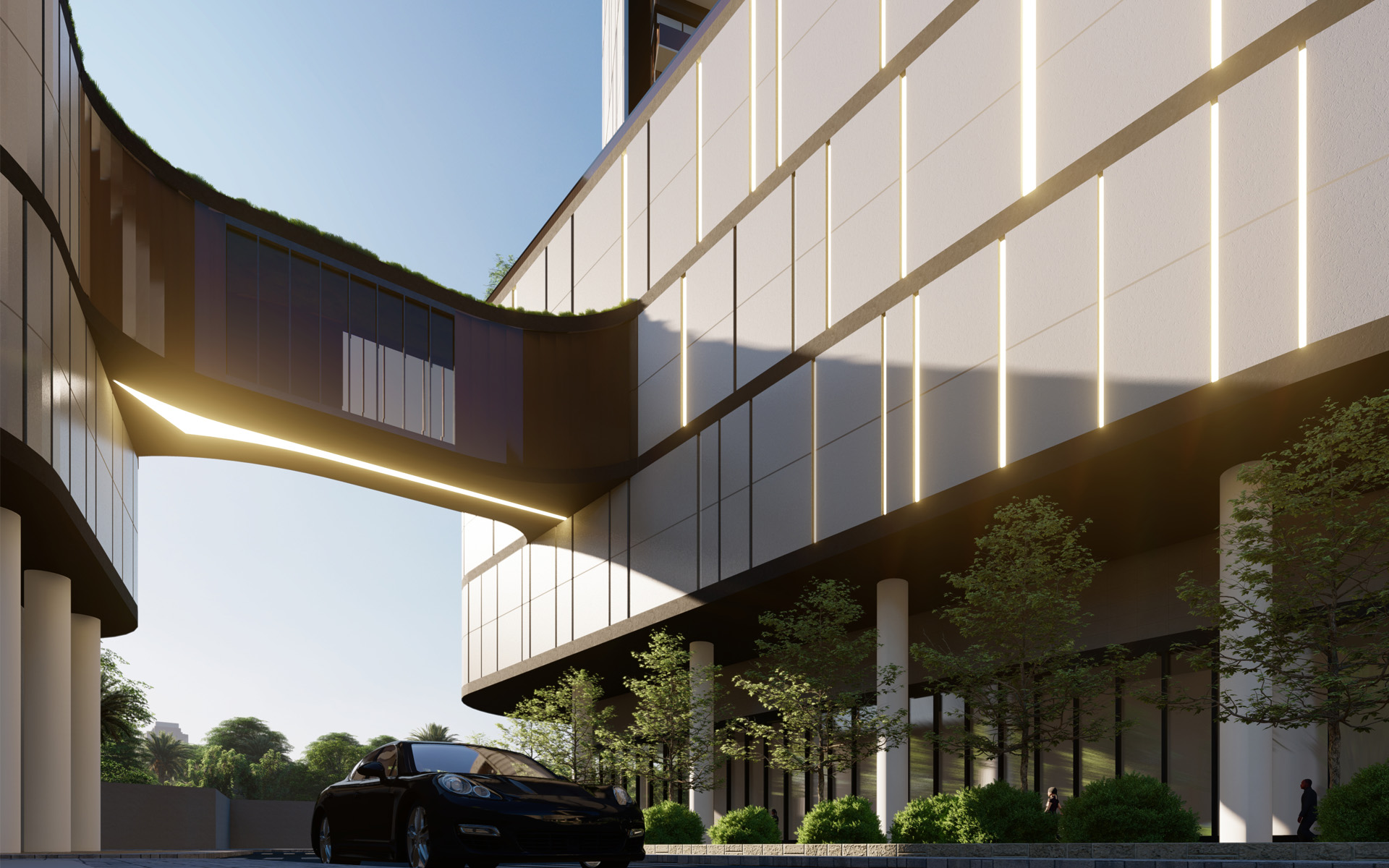 Sky bridge connections between to commercial podiums.