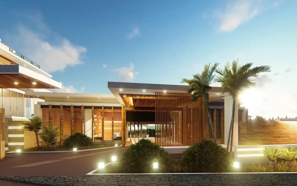 Seafront Hotel entrance from road as proposed by meta-modern Filipino architect Fulgar Architects in the Philippines
