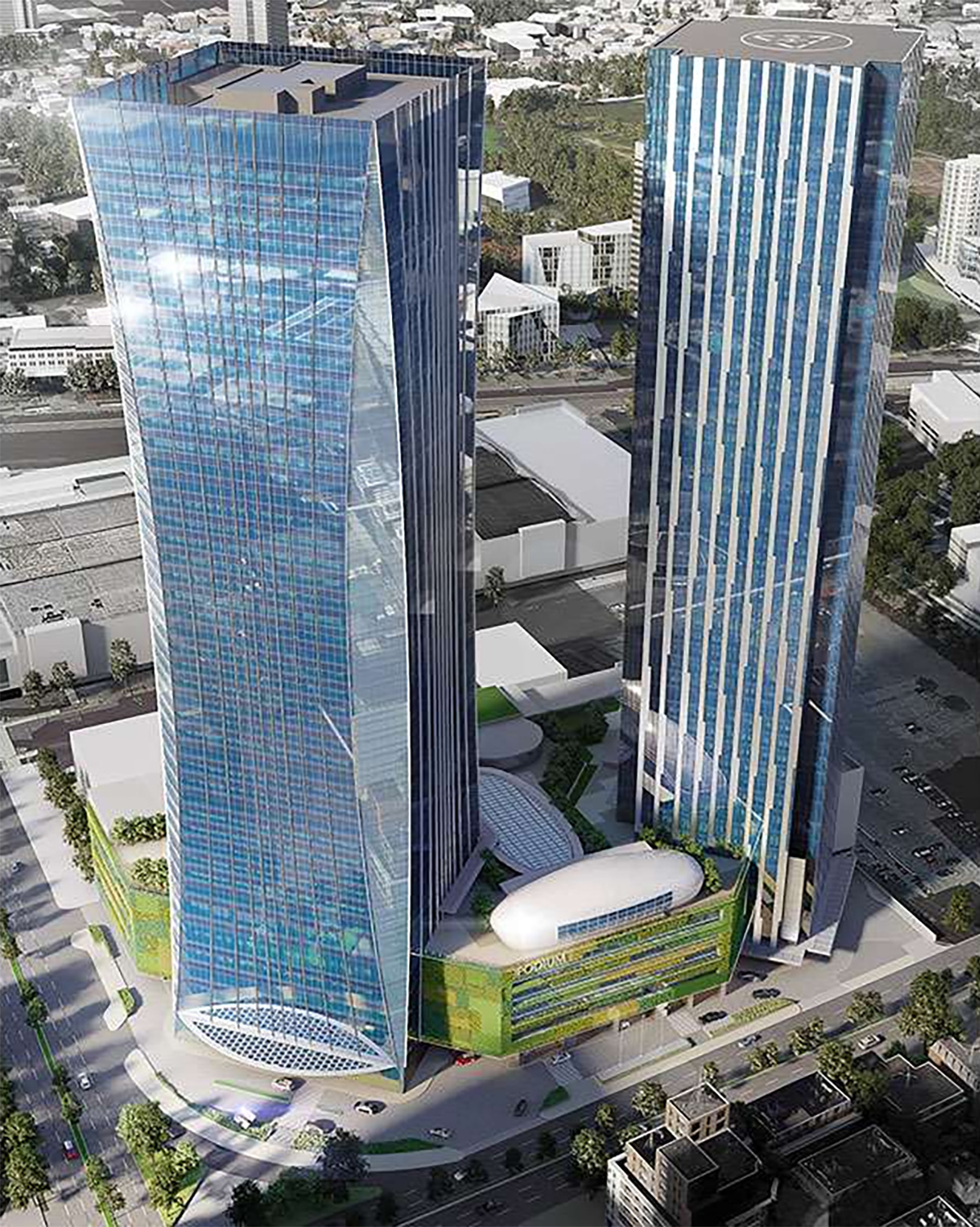 The Podium West Tower is a 48-story upscale skyscraper with two towers over a 5-story mall. 