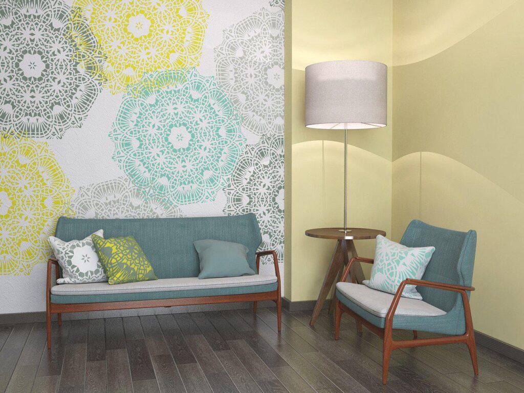 Mandala style pattern created by use of stencils to applu paint design on walls