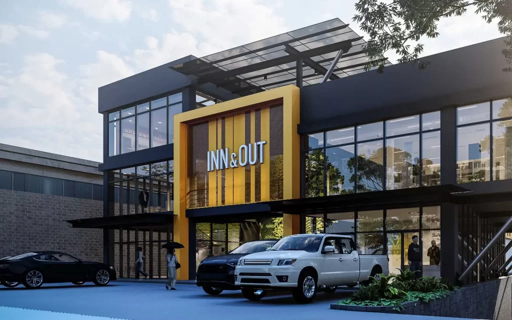 Commercial hub entrance from road as proposed by meta-modern Filipino architect Fulgar Architects in the Philippines