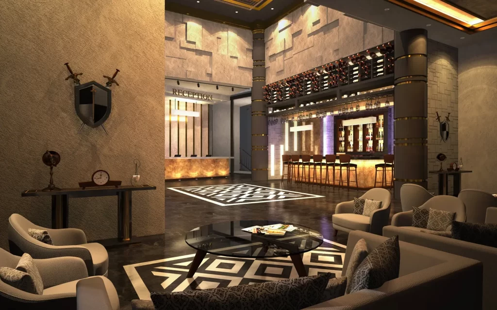 Best Hotel Design Concept in Angeles City, Philippines featuring Main Lobby and Reception Area in a Fusion of Medieval and Modern Design Theme.