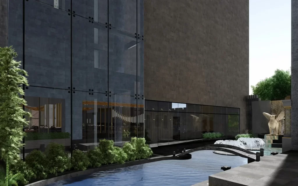 Medieval and Modern Hotel Design Concept showing the Open To Sky Atrium and Water Gardens