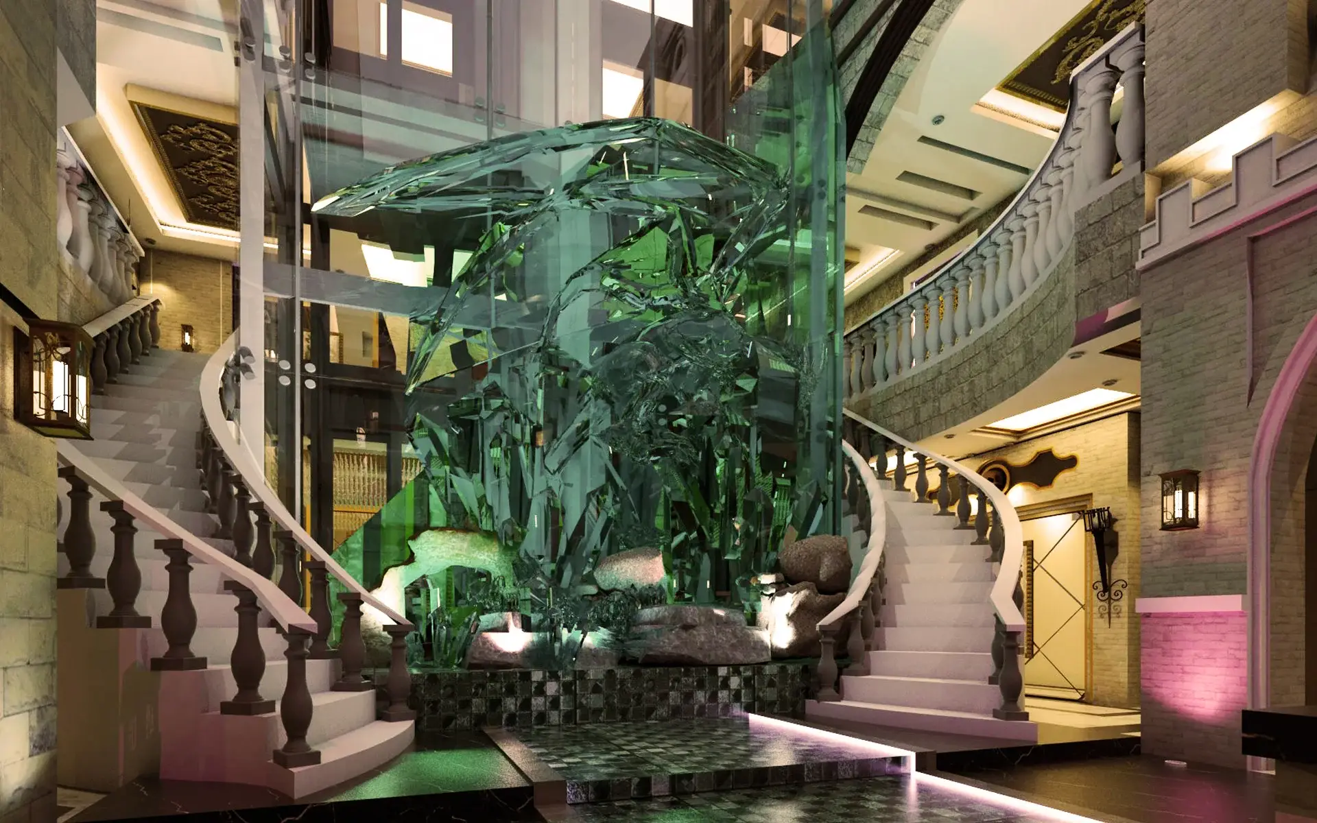 Grand staircase with panoramic elevator leading to roof deck amenities.