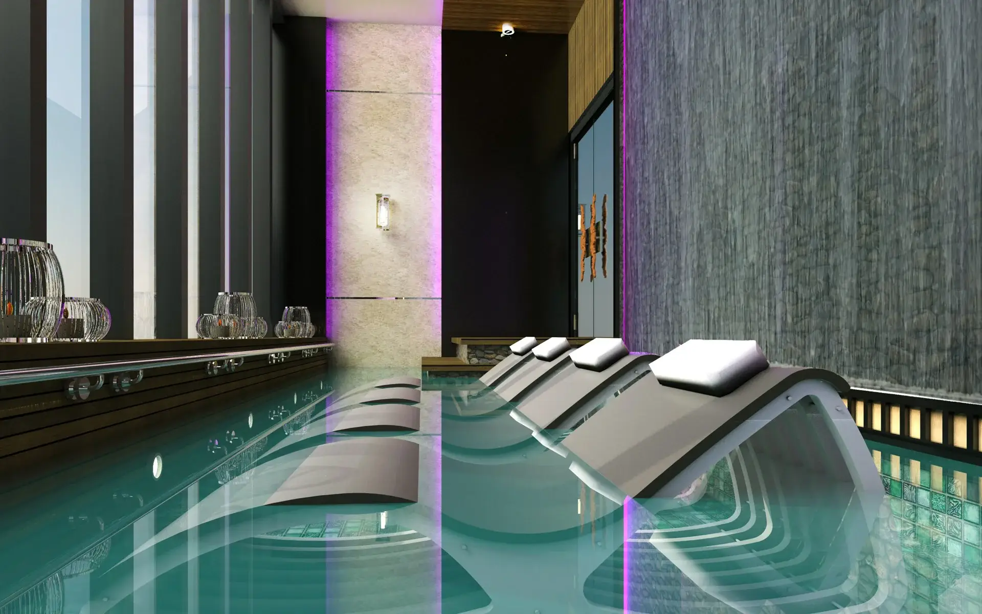 Aqua lounge for health and wellness center for a unique hotel design by Fulgar Architects