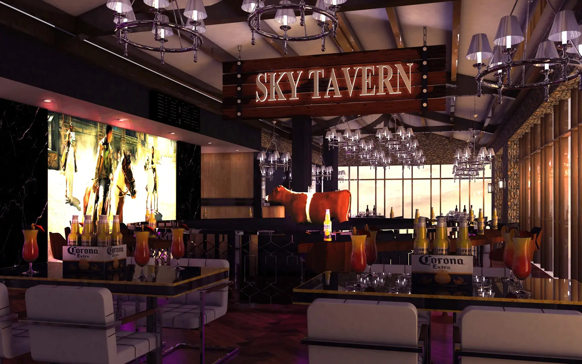 The floating Sky Tavern with 360 degrees view of sea and city.