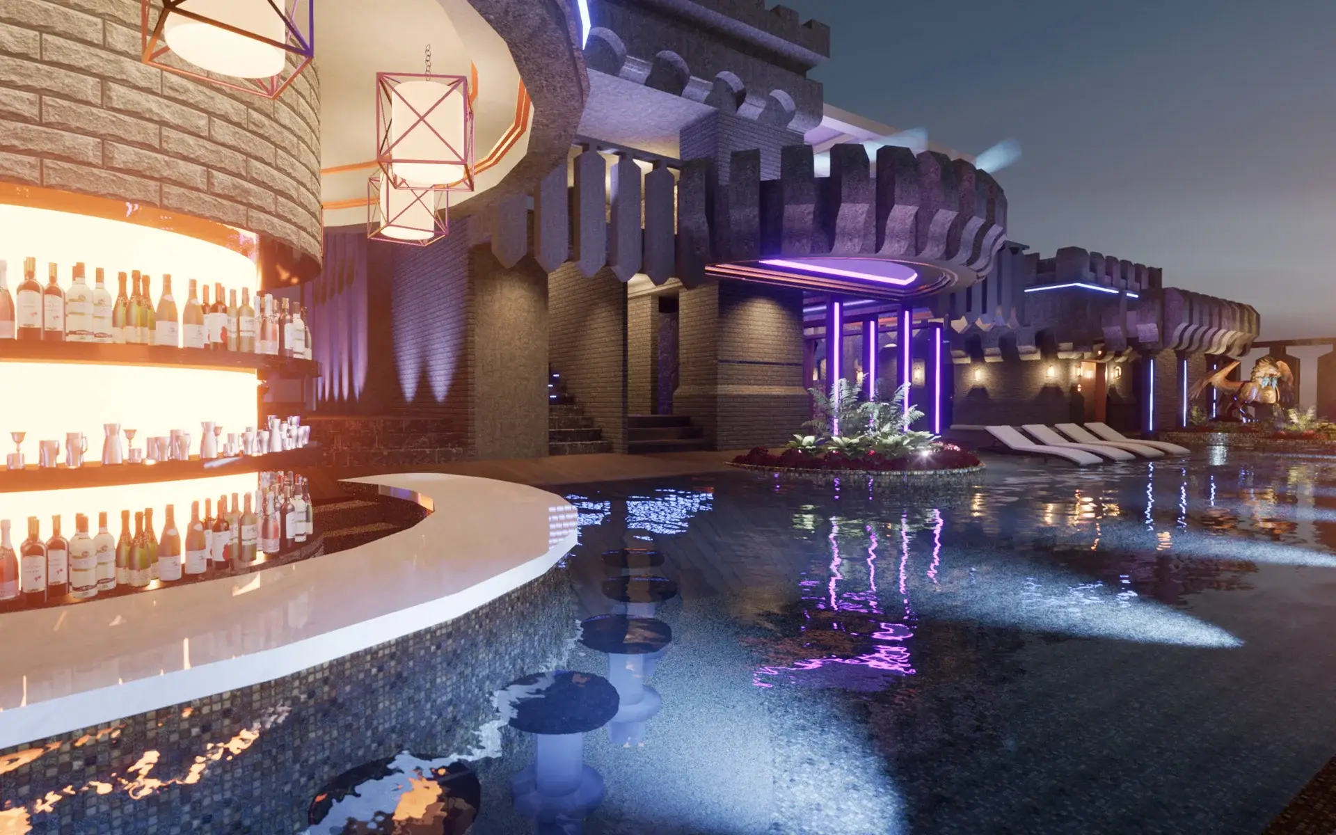 Wet bars, sunken lounges, and swimming pool at the top of the best hotel design in Subic, Philippines