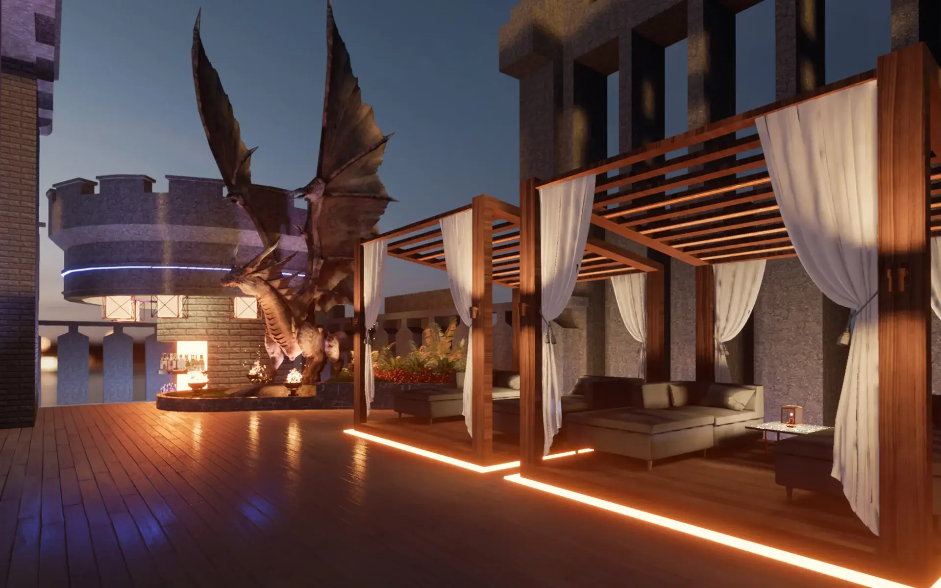 Fantasy roof deck with cabanas and dragons for the hotel design by the top architects in the Philippines