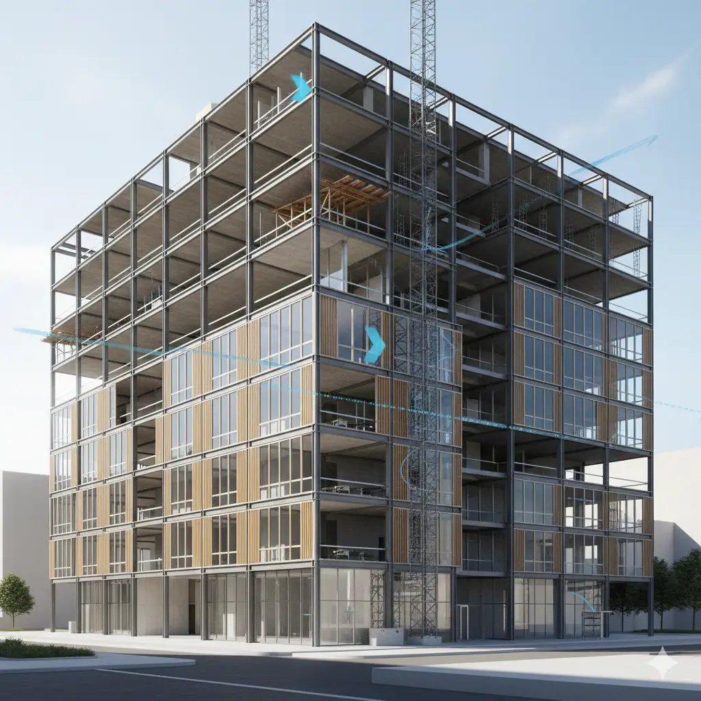 Multi-use building with modular floor plates and flexible interiors designed for long-term adaptability.