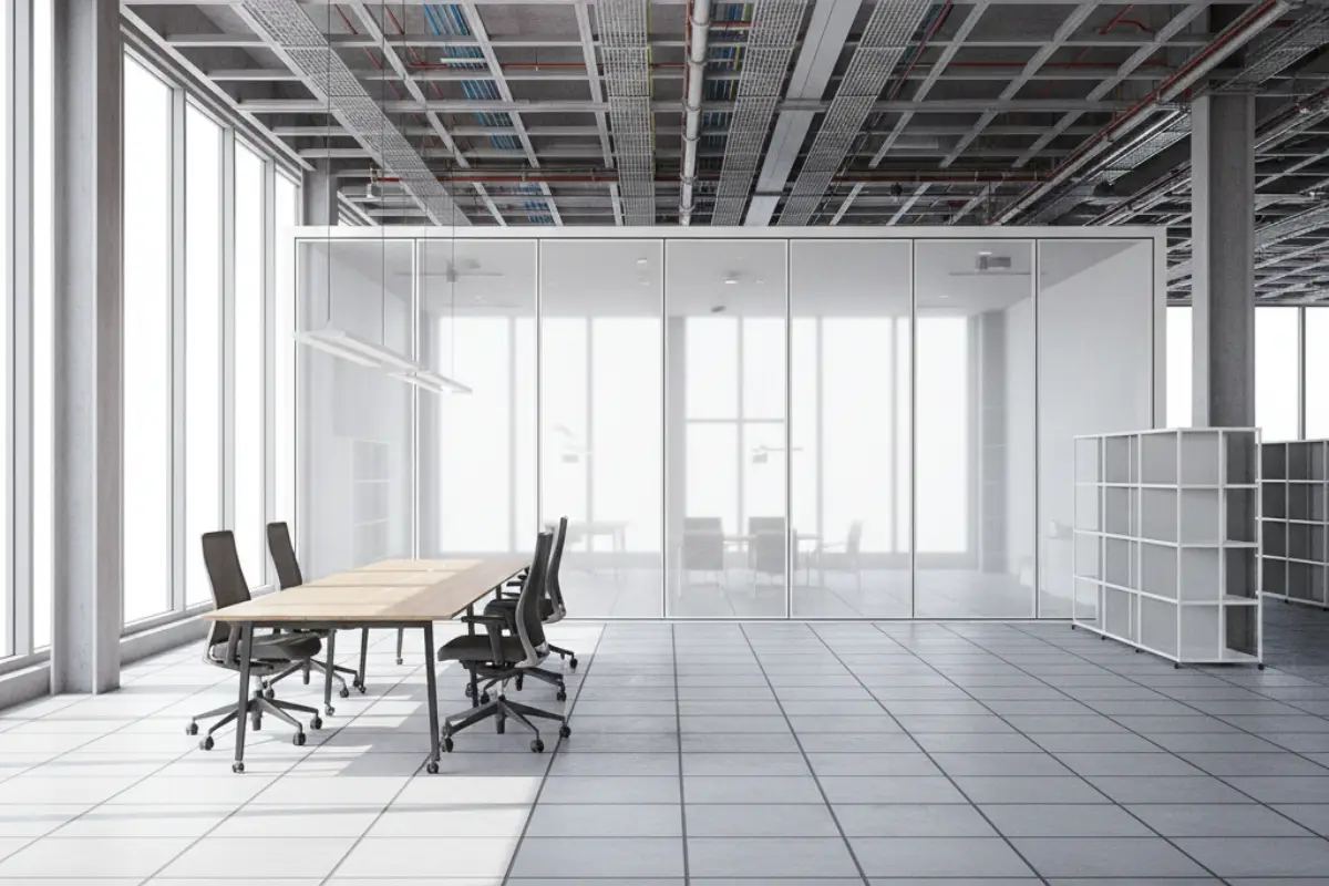 Interior with flexible layouts, movable partitions, and exposed services enabling future change.