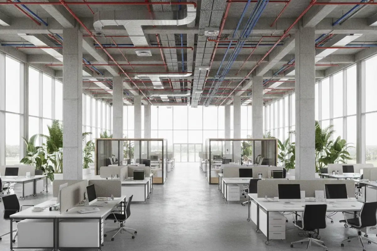 Building interior with flexible layouts and modular partitions supporting future adaptation.