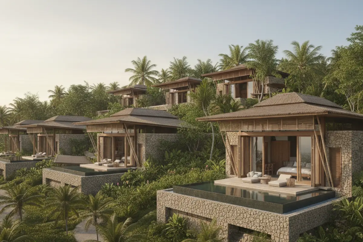 Modular resort villa layouts that can be combined or separated for different guest types.