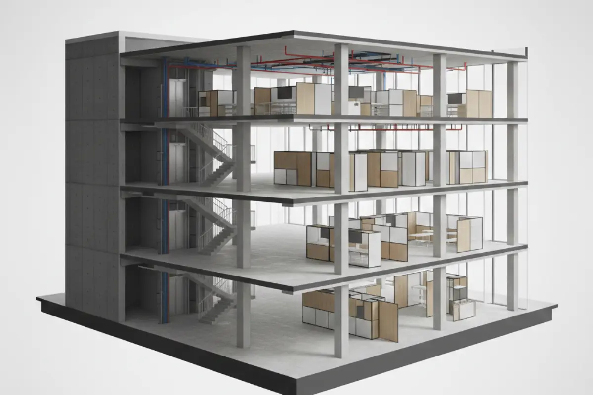Diagram showing fixed structural cores and adaptable building elements.