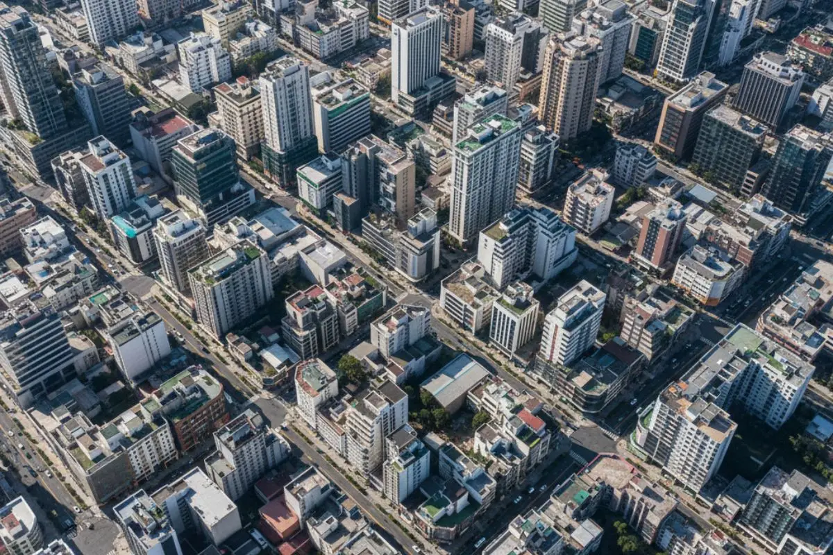 Urban district showing architectural strategy at the urban scale coordinating land parcels and infrastructure