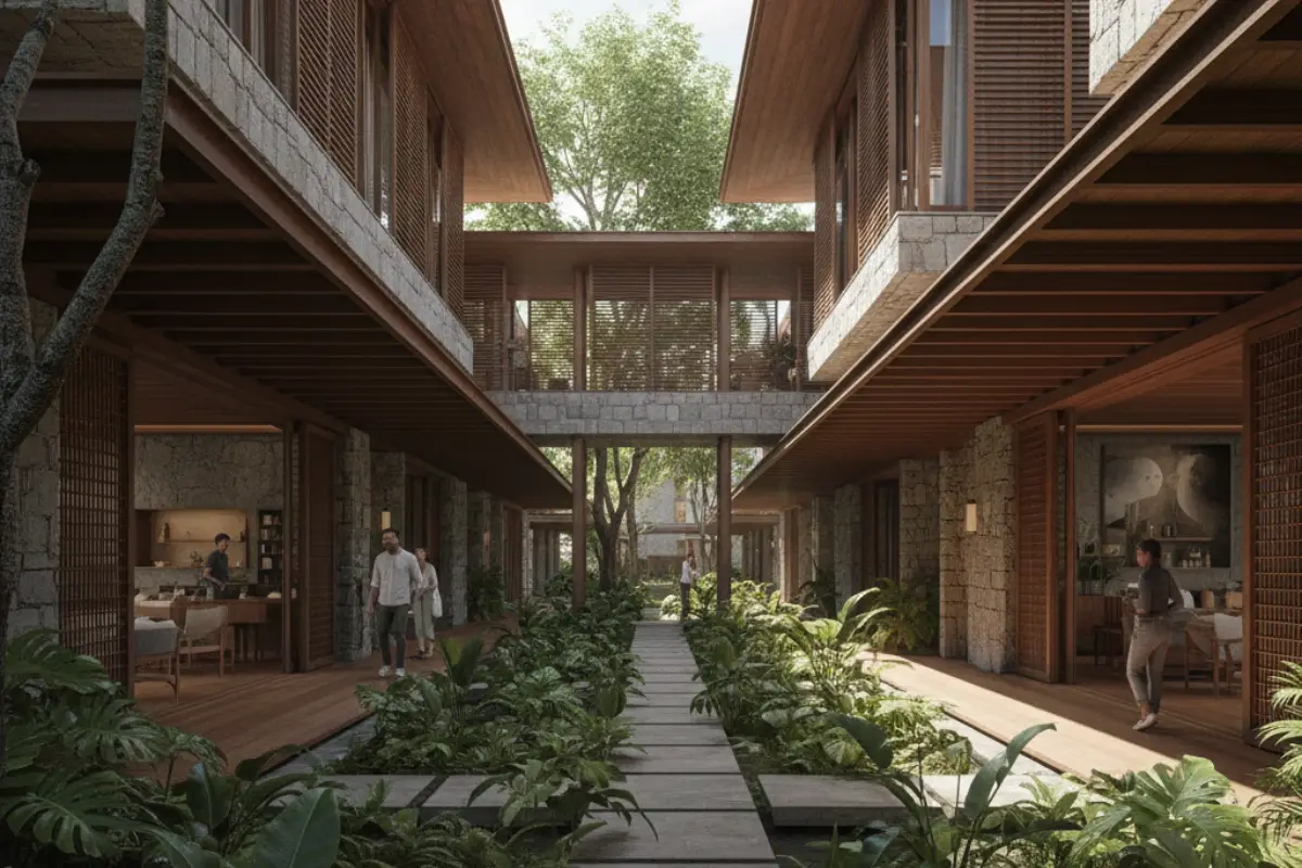 Tropical building with layered thresholds and courtyards integrating climate, space, and use.
