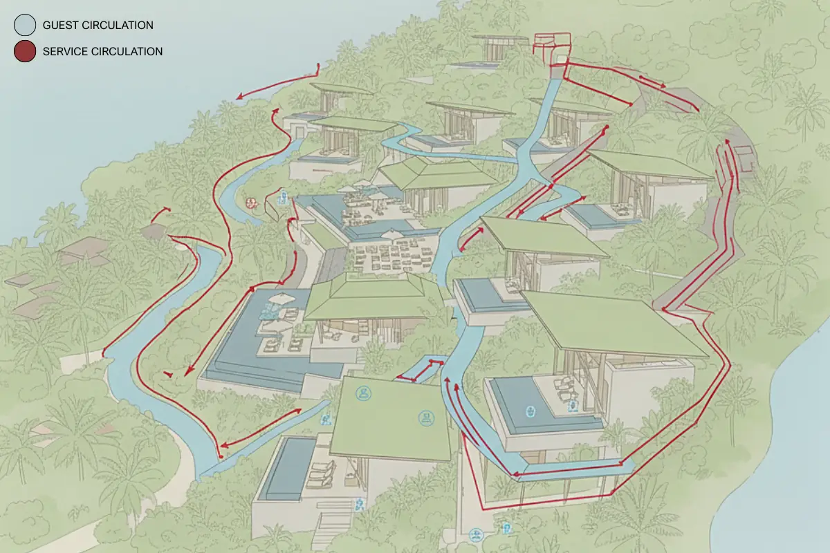 Coastal resort buildings with deep roof overhangs, shaded balconies, and natural ventilation facing the sea.
