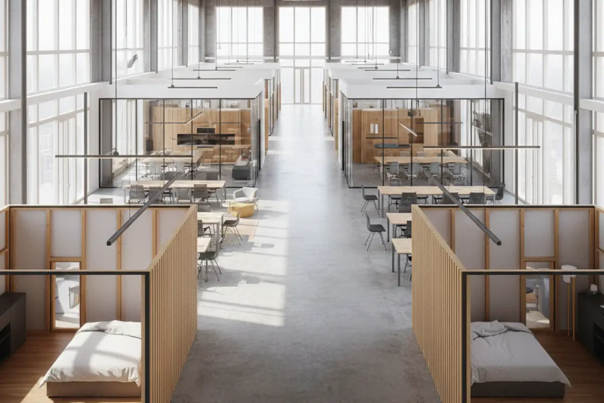 Interior being adapted for different uses, demonstrating flexible walls and service cores.