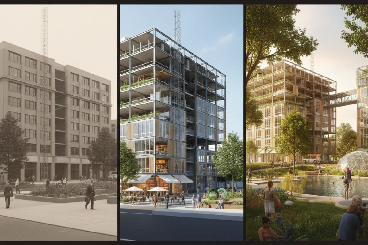 Building evolving over decades, showing phased adaptation and outdoor space changes.