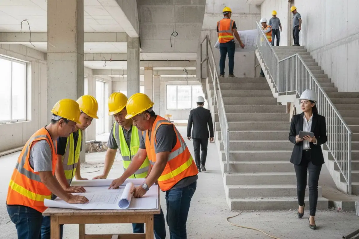 Design team working inside a partially completed building guided by fixed architectural structure