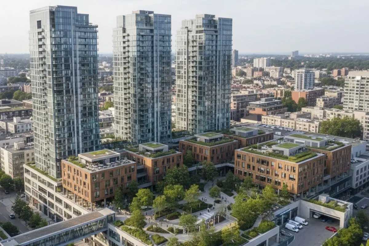 A mixed-use site plan demonstrating design decisions in mixed-use developments that manage circulation and servicing complexity