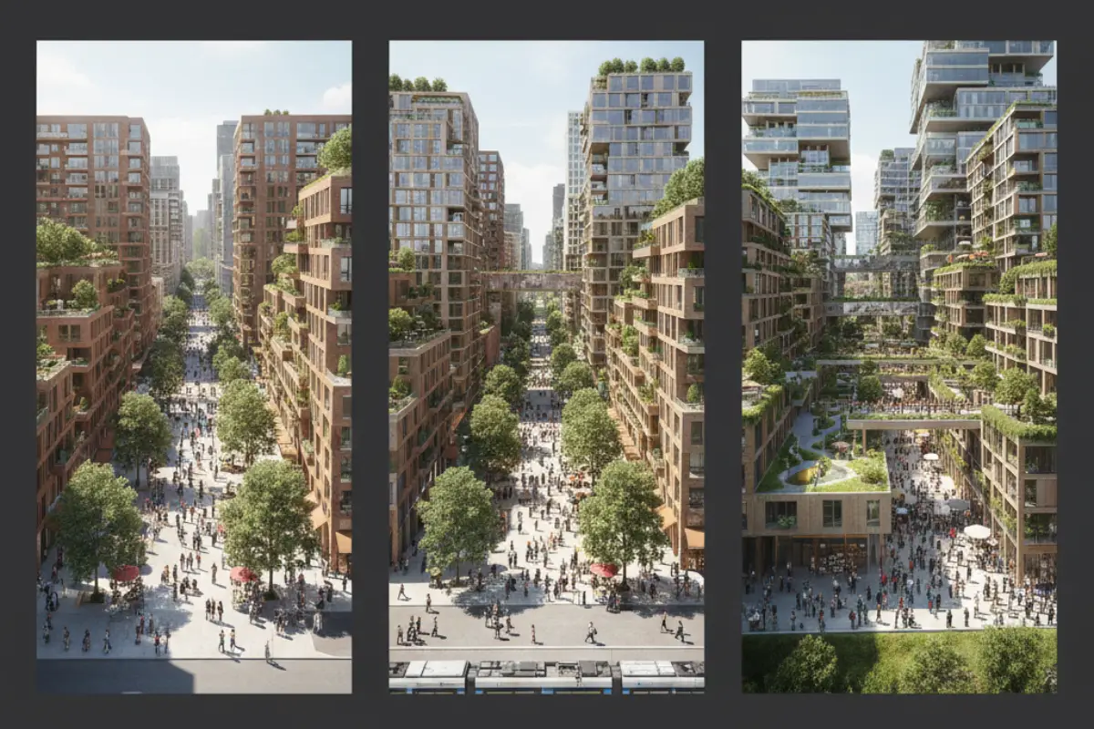 Dense neighborhood evolving over years with phased construction and preserved open spaces.