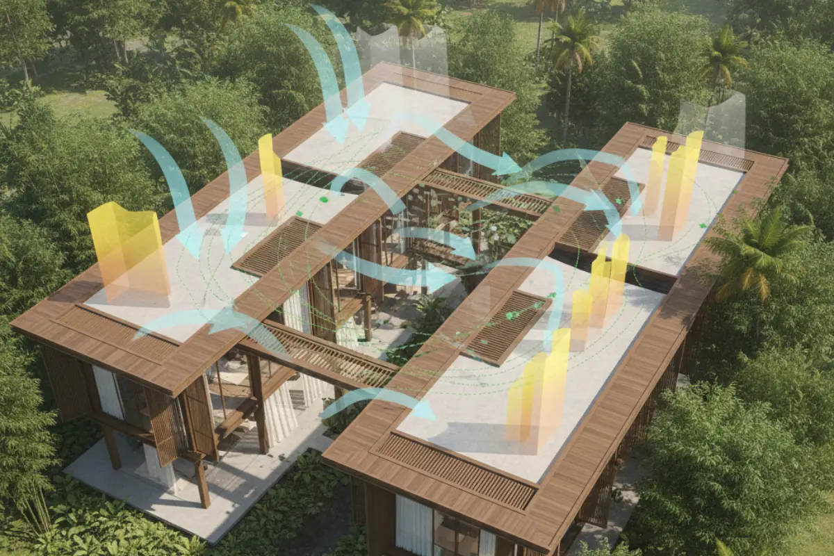 Architectural diagram showing building mass and orientation optimizing ventilation and solar exposure in a tropical setting.