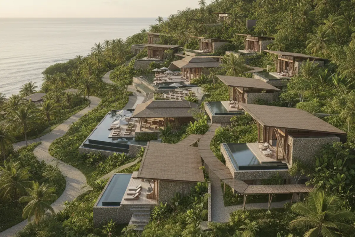 Resort master plan layout with clear circulation paths, arrival sequence, and clustered amenities in a tropical setting.