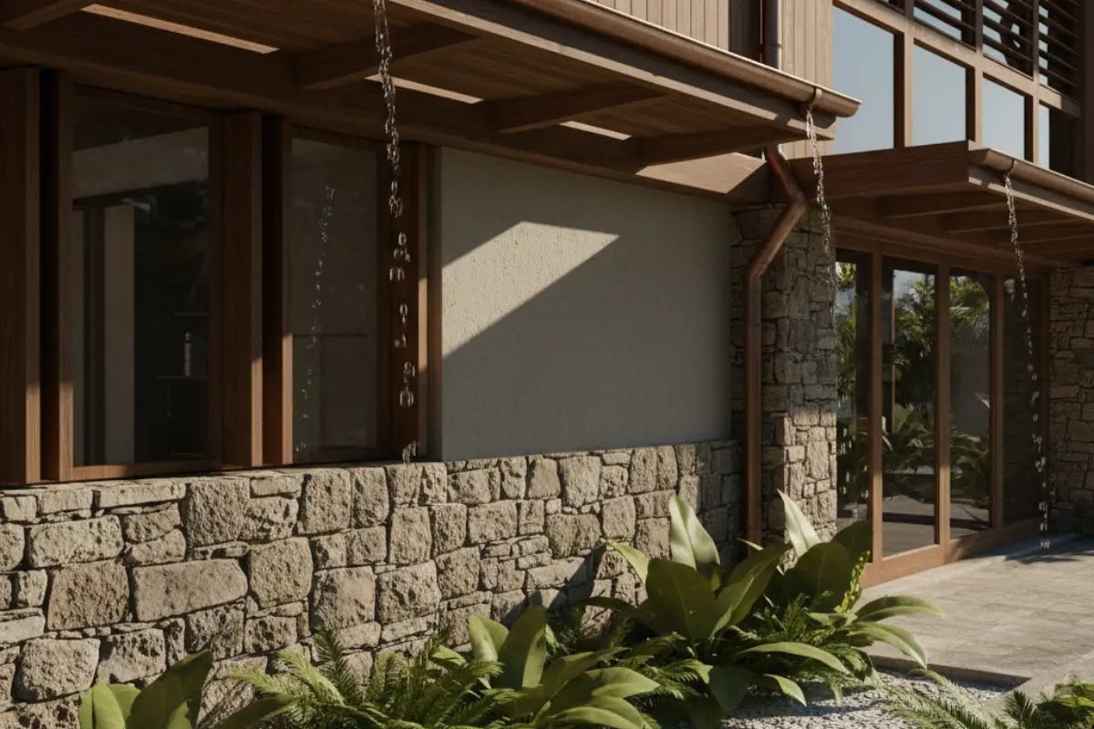 Stone, wood, and textured materials in tropical architecture designed for heat, moisture, and wear.