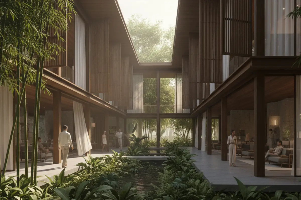 Courtyards and covered walkways enabling comfortable movement in a tropical building.