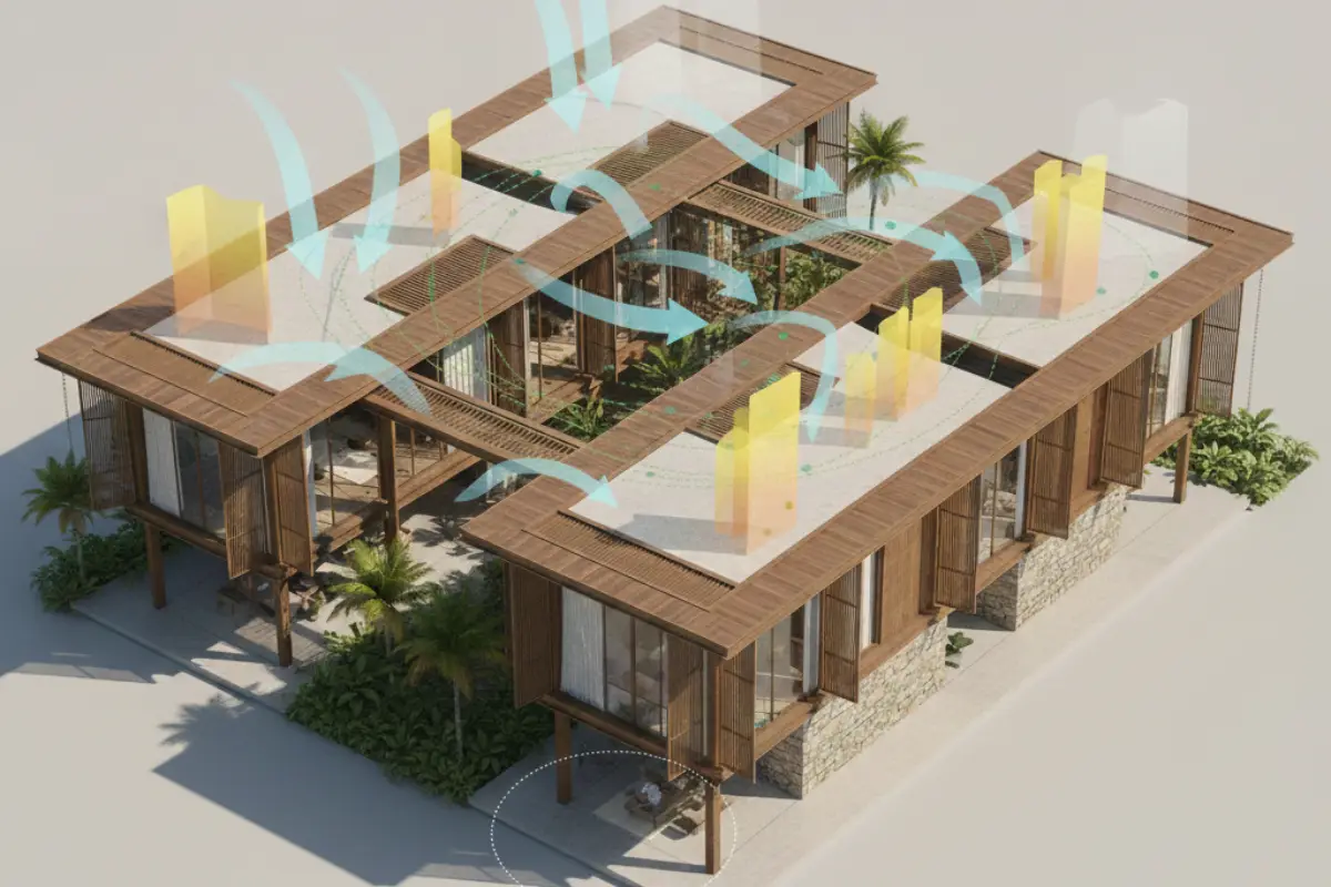 Diagrammatic view of a tropical building showing shading, airflow, durable materials, and efficient servicing strategies.