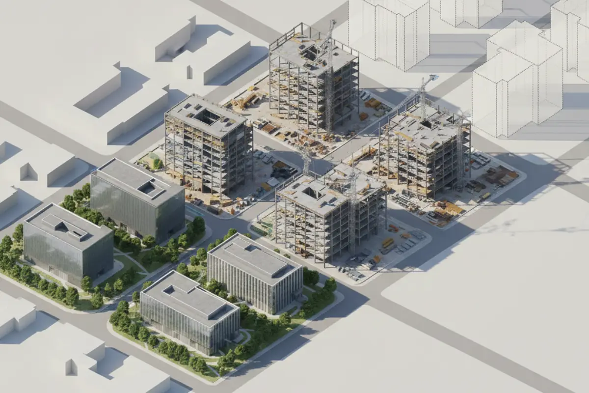 Diagram showing different construction phases of a modular urban development.