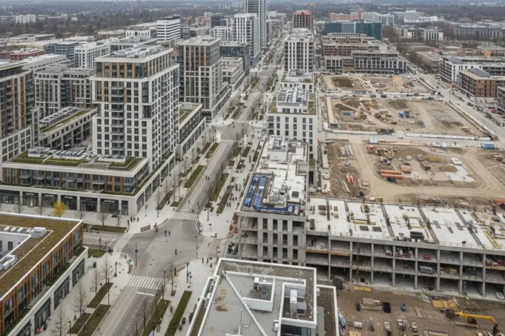 A phased mixed-use development showing design decisions in mixed-use developments that support long-term adaptability