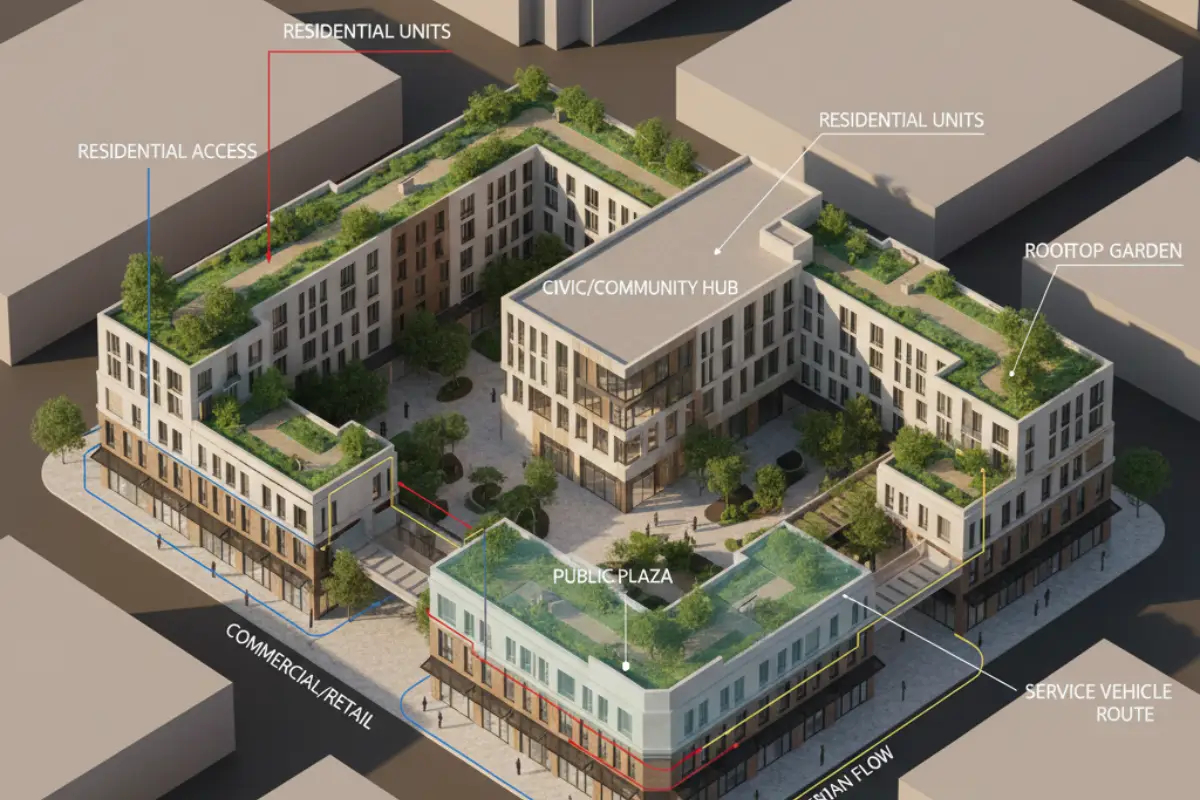 Diagram showing zoning and clear differentiation of programs in a dense urban block.