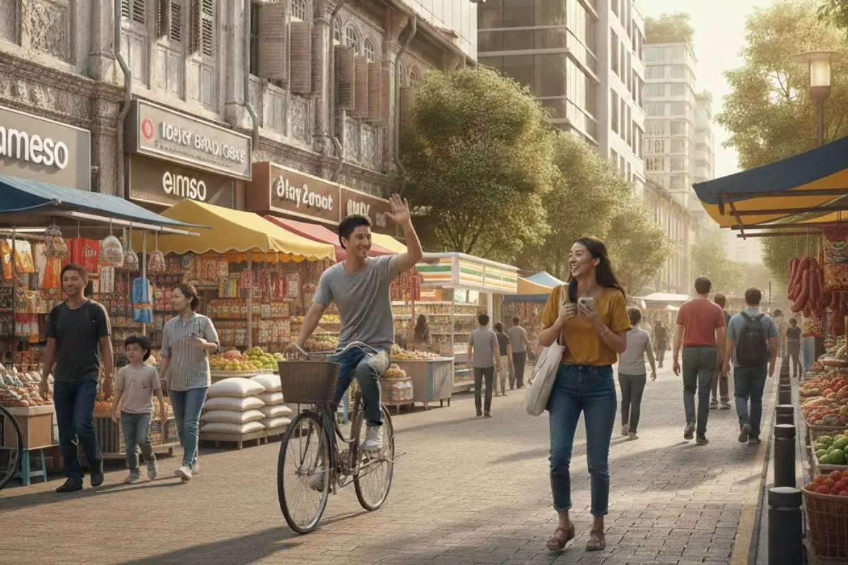 Urban street showing old and new buildings with people interacting, shaped by architectural discipline over time