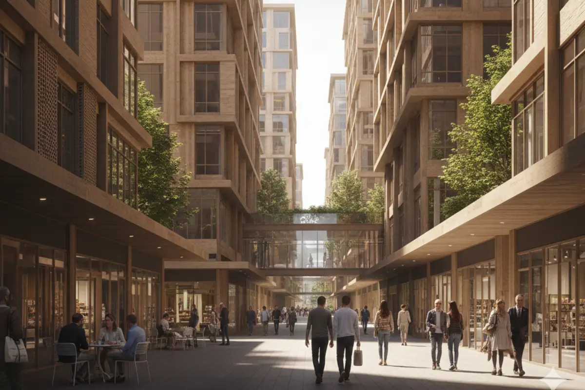 Street view in dense city showing setbacks, arcades, and courtyards that create relief.