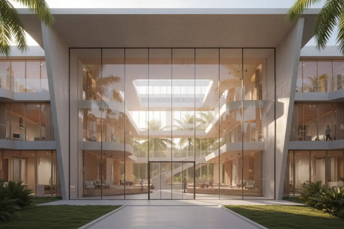 Architectural rendering highlighting hierarchical organization of spaces in a modern building.