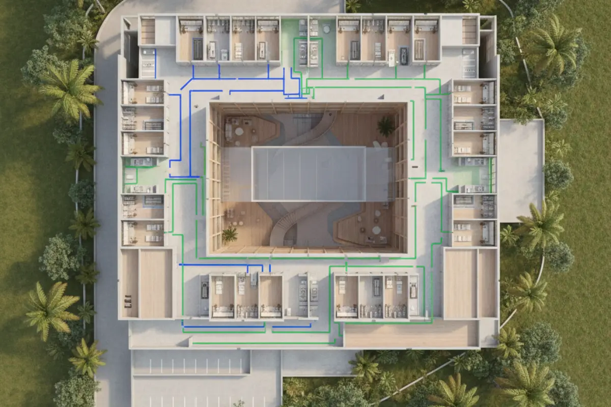 Diagrammatic 3D view of a complex building showing clear zoning and circulation systems.