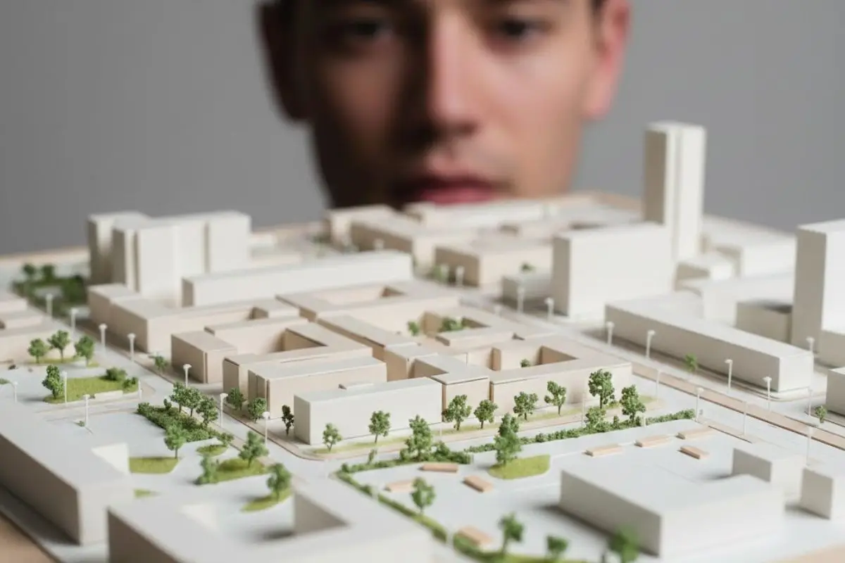 Architectural model showing phased development strategy to manage long-term project risk.