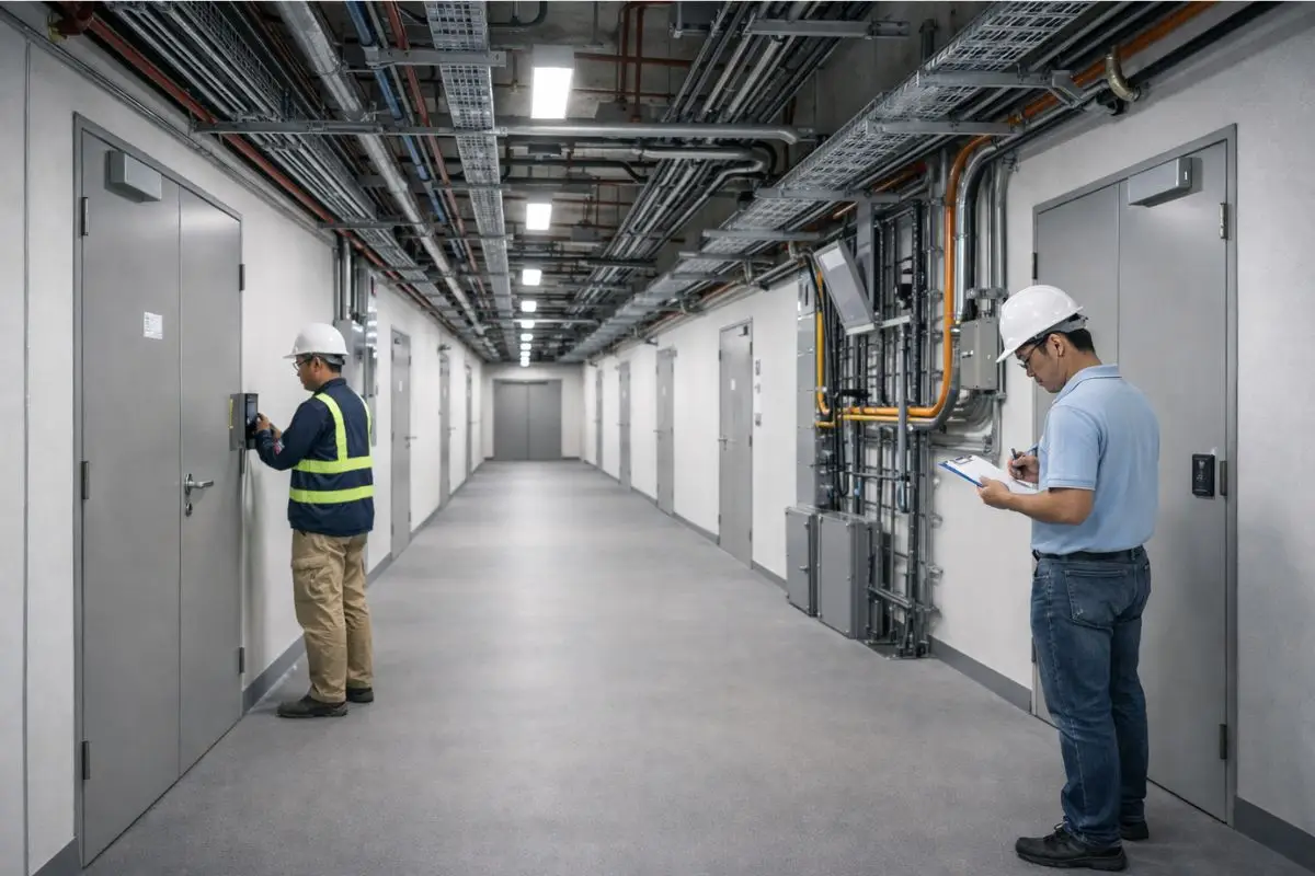 Organized service corridor demonstrating architectural planning that reduces operational risk.