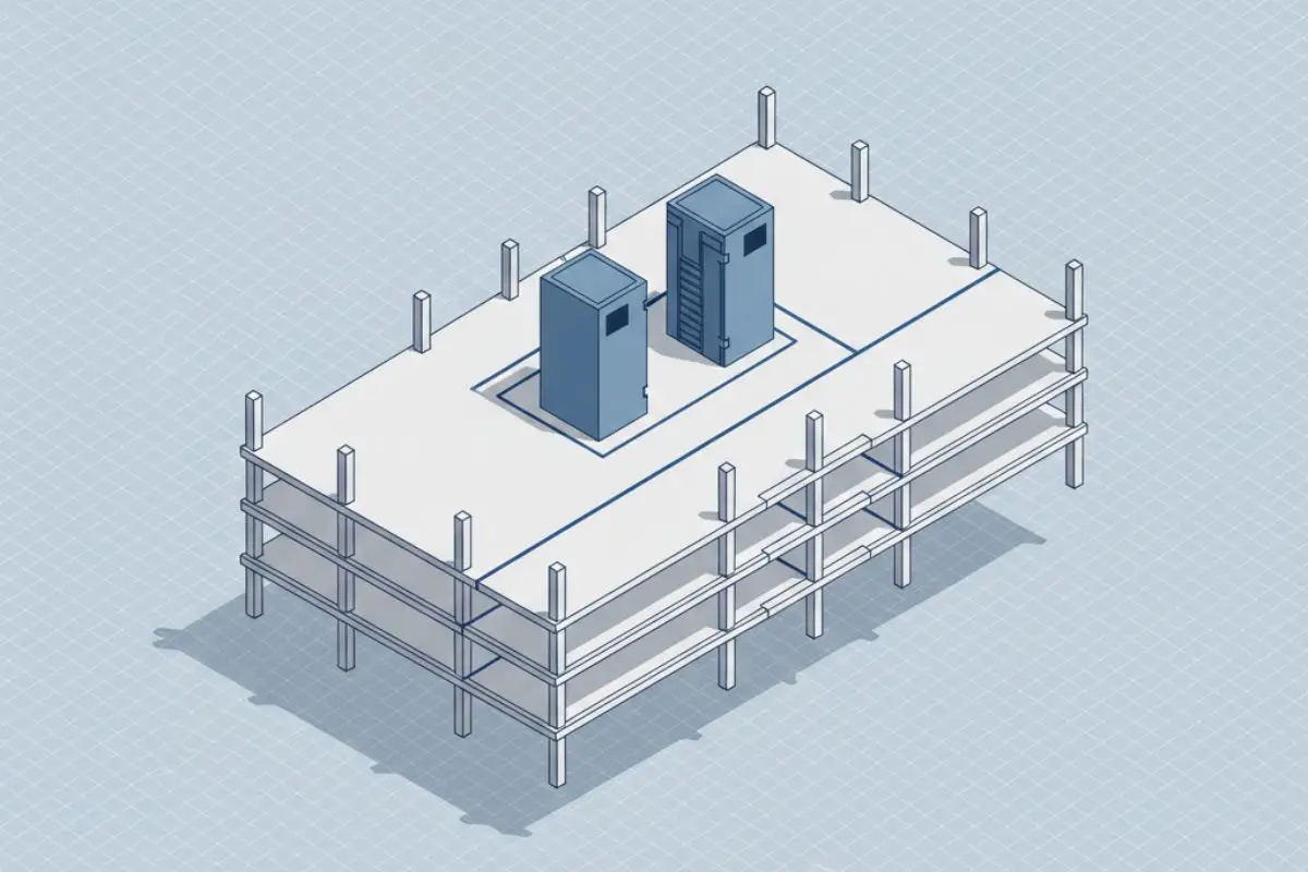 Axonometric diagram of structural grid and service layout influencing development risk and flexibility.