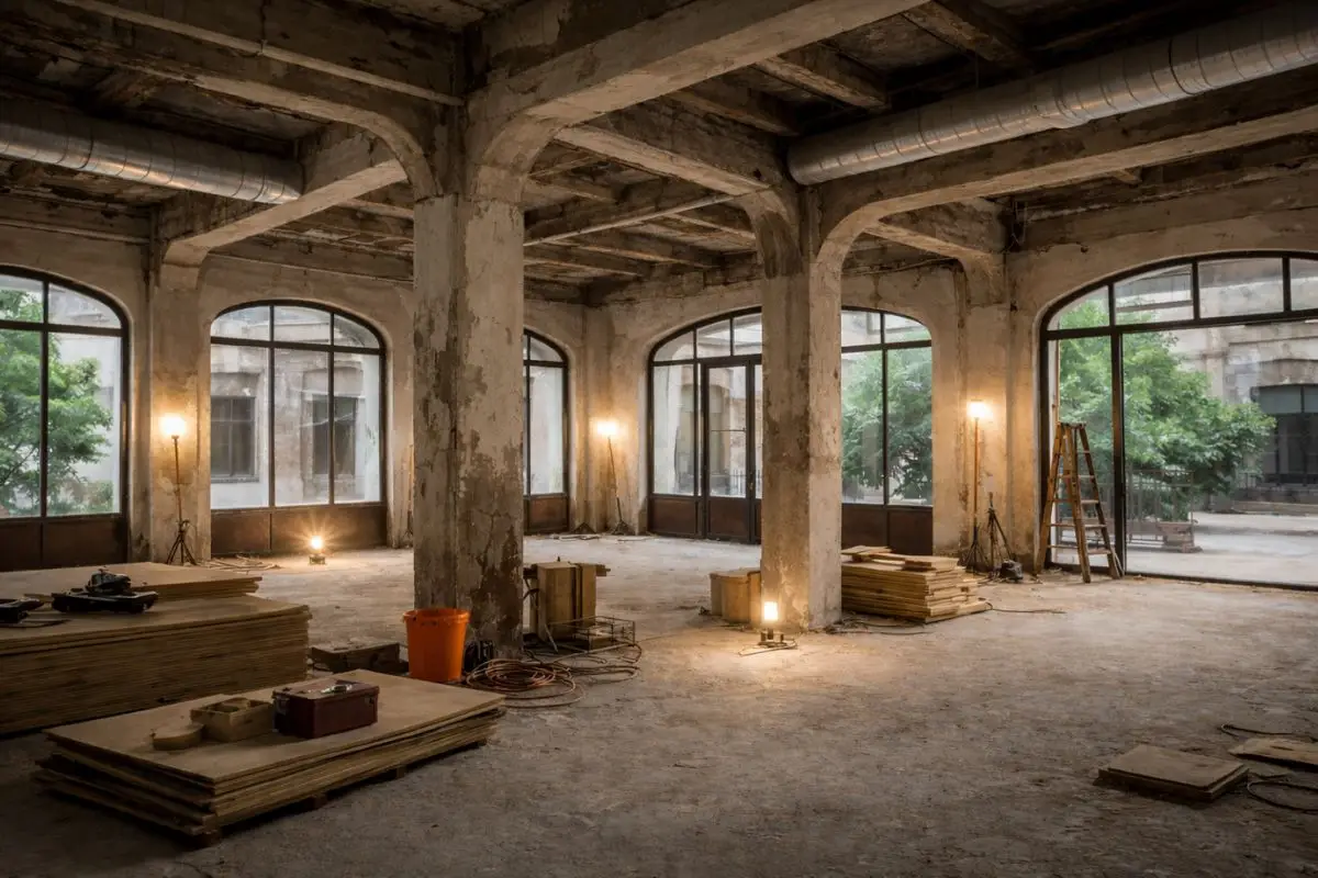 Interior of an older commercial building in the Philippines showing exposed structural elements and renovation conditions